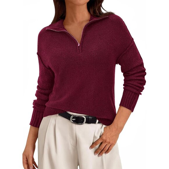 Women´s V Neck Quarter Zip Sweater Fall Long Sleeve...